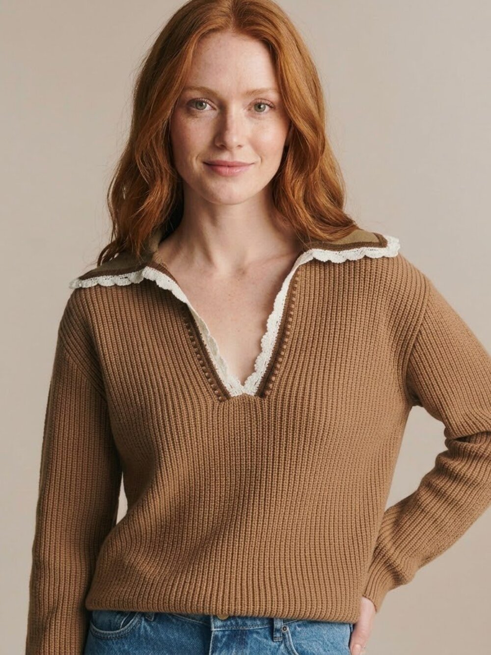 Sezane Sézane Ivane Sweater Camel Ecru Details Merino Wool Blend Size L NWT ✨